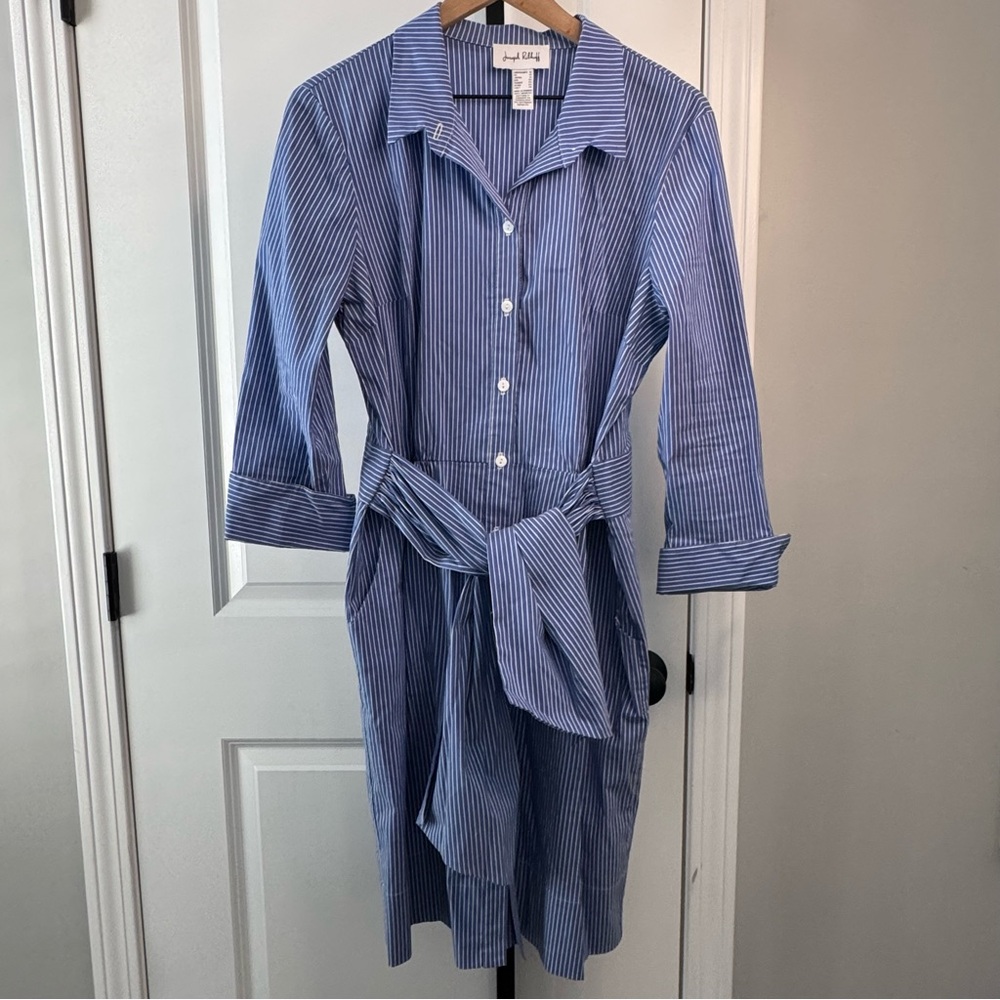 Joseph Ribkoff Blue Pinstripe Shirt Dress Tie Waist Button Front Size 12